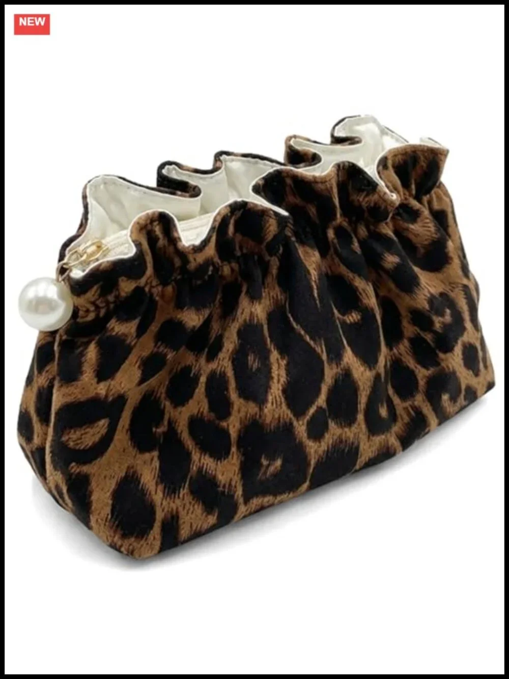 Leopard Print Cosmetic Bag with Pearl Zipper, Travel Toiletry Organizer Pouch